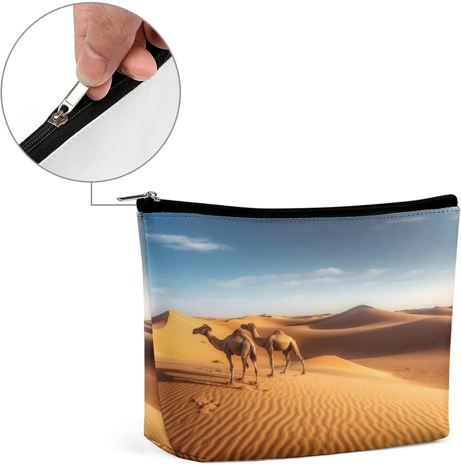Large Capacity Makeup Bags for Women Portable Leather with Zipper Travelling Makeup Bag Sand Dunes In The Sahara Desert Printed