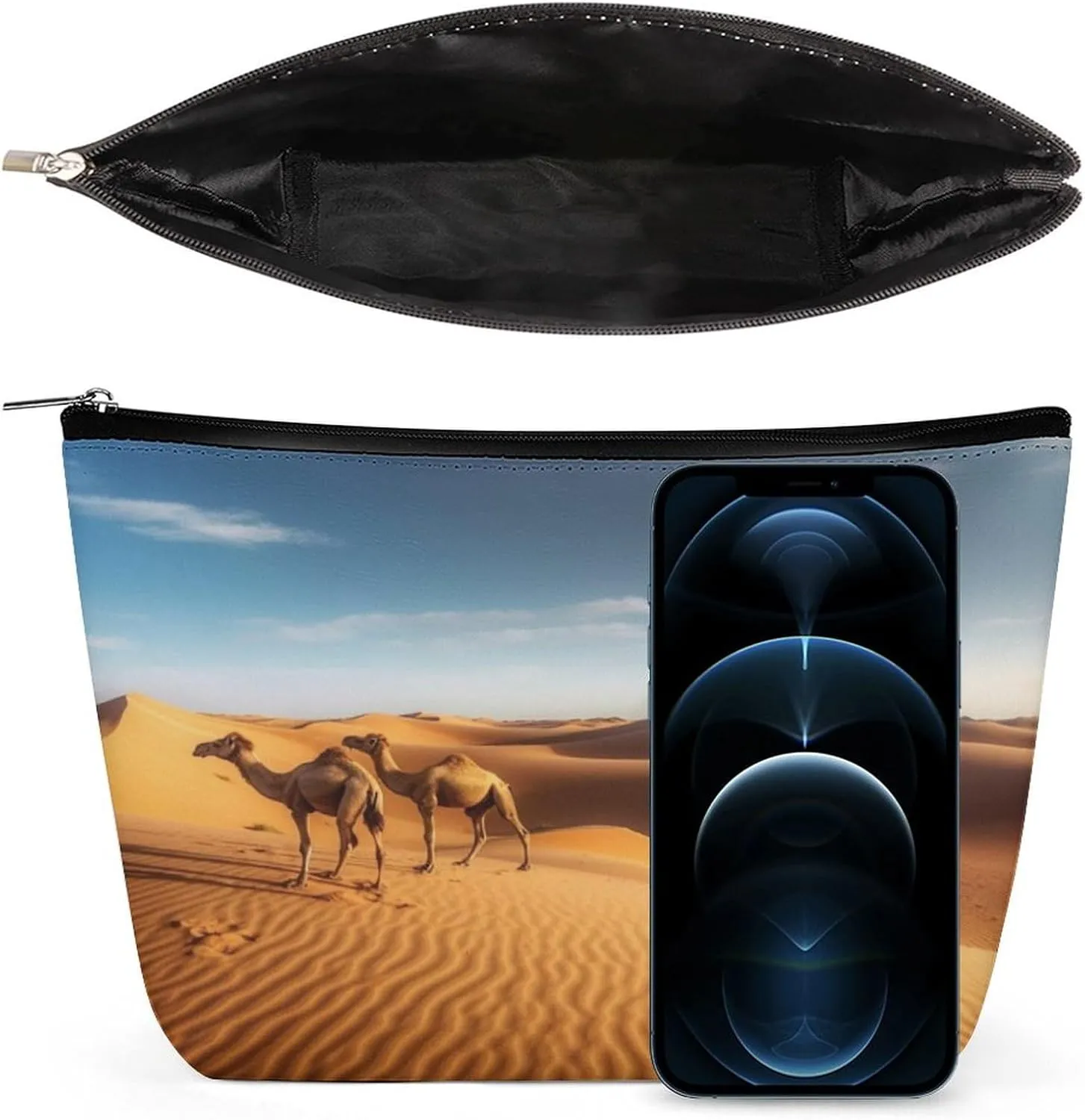Large Capacity Makeup Bags for Women Portable Leather with Zipper Travelling Makeup Bag Sand Dunes In The Sahara Desert Printed