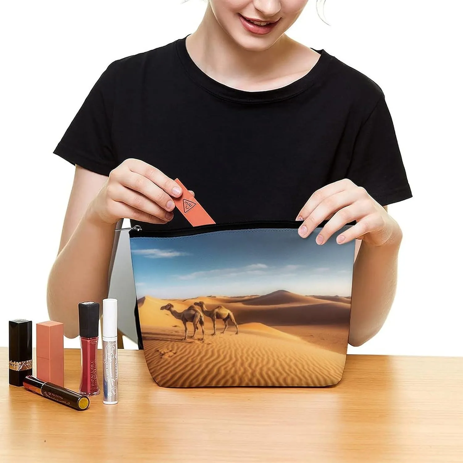 Large Capacity Makeup Bags for Women Portable Leather with Zipper Travelling Makeup Bag Sand Dunes In The Sahara Desert Printed
