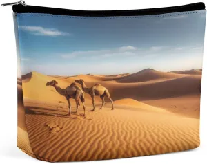 Large Capacity Makeup Bags for Women Portable Leather with Zipper Travelling Makeup Bag Sand Dunes In The Sahara Desert Printed