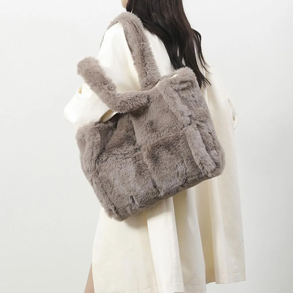 Large Capacity Soft Plush Bag for Women Winter Fleece Shoulder Purse Handbag Spacious for Shopping or Casual Outings