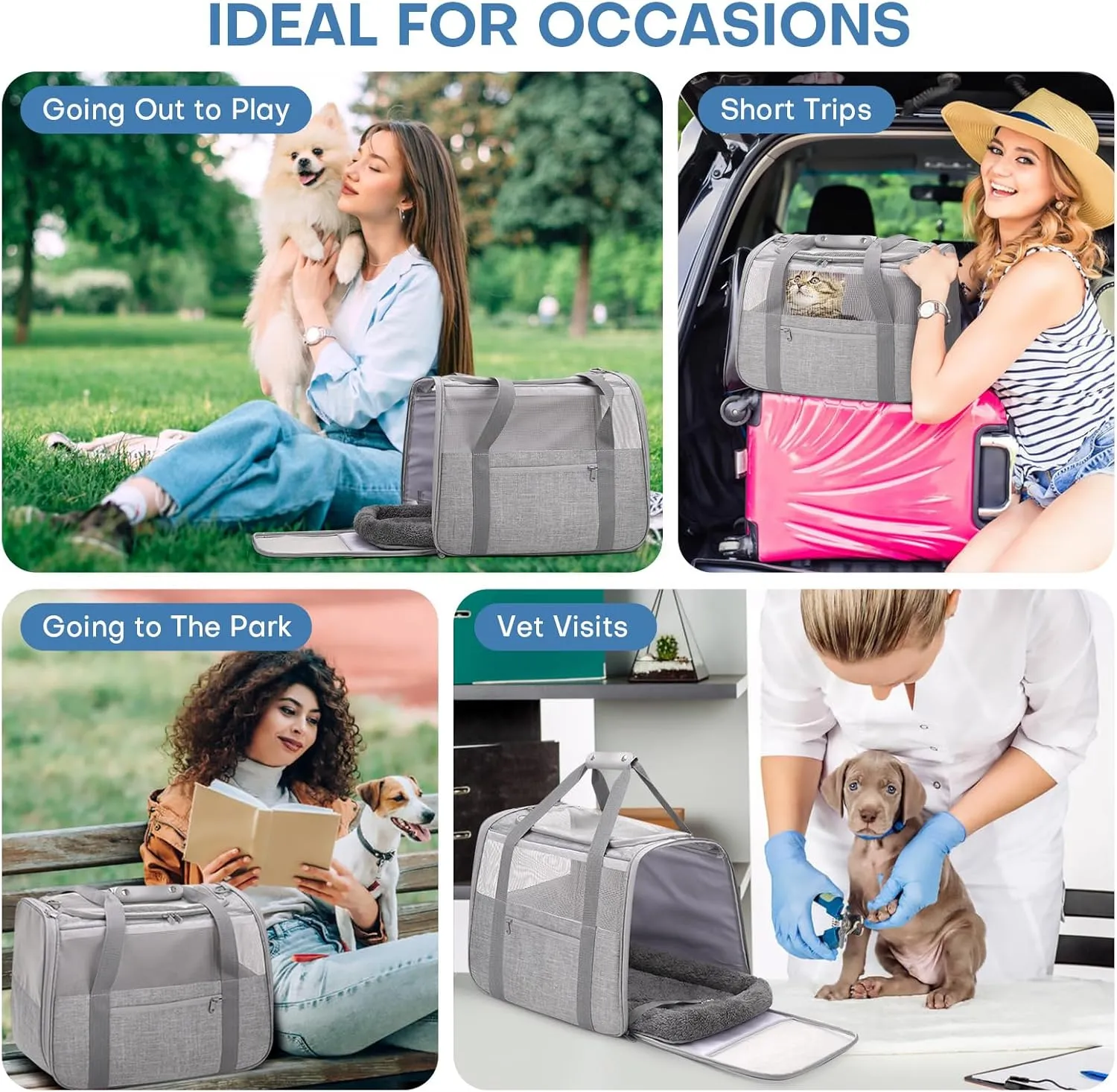 Large Cat Carrier – Soft-Sided Airline-Approved Pet Carrier Bag with Top Opening, Portable Travel Carrier for Big Cats & Dogs Up to 20lbs – Safety Zippers, Collapsible Bowl,Grey