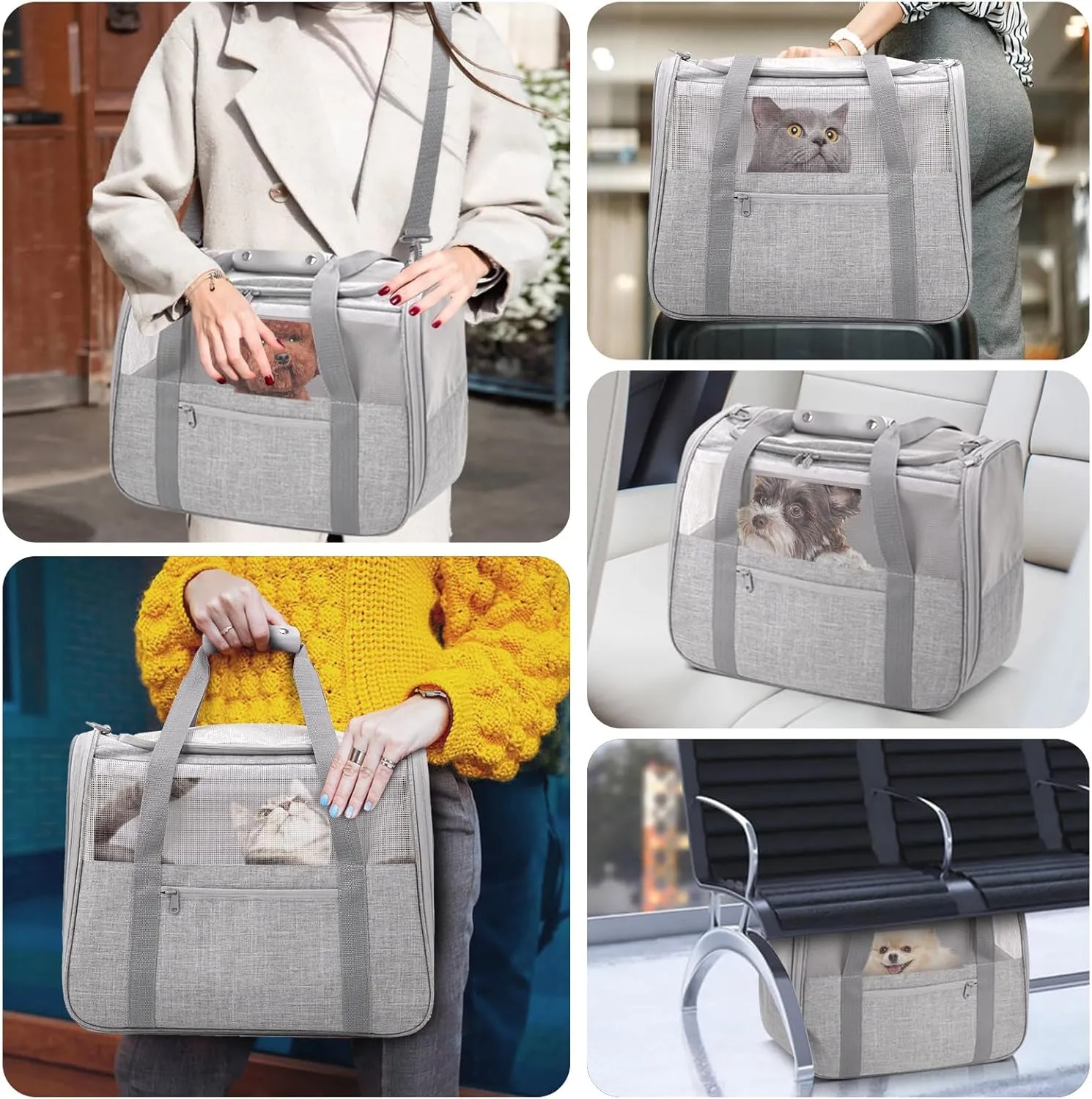 Large Cat Carrier – Soft-Sided Airline-Approved Pet Carrier Bag with Top Opening, Portable Travel Carrier for Big Cats & Dogs Up to 20lbs – Safety Zippers, Collapsible Bowl,Grey