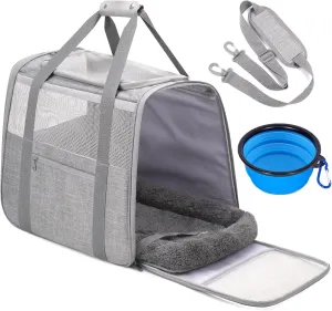 Large Cat Carrier – Soft-Sided Airline-Approved Pet Carrier Bag with Top Opening, Portable Travel Carrier for Big Cats & Dogs Up to 20lbs – Safety Zippers, Collapsible Bowl,Grey
