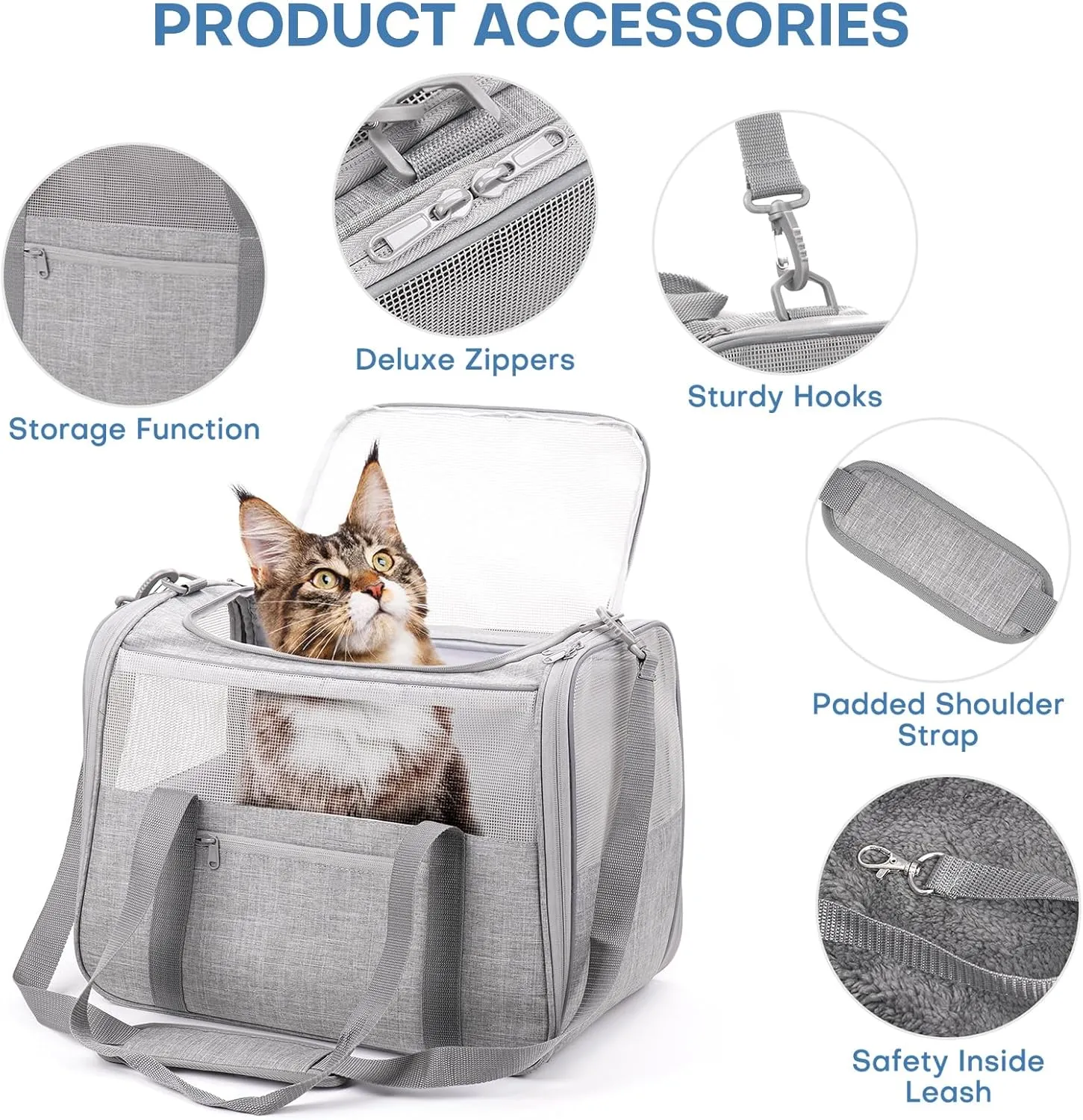 Large Cat Carrier – Soft-Sided Airline-Approved Pet Carrier Bag with Top Opening, Portable Travel Carrier for Big Cats & Dogs Up to 20lbs – Safety Zippers, Collapsible Bowl,Grey