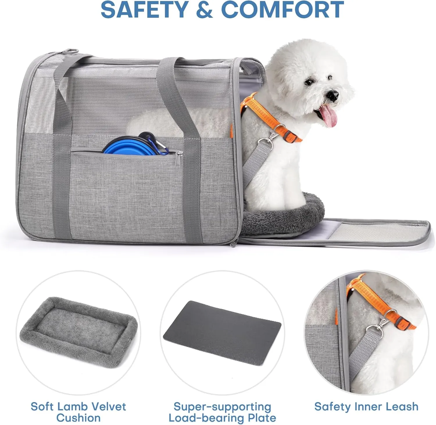 Large Cat Carrier – Soft-Sided Airline-Approved Pet Carrier Bag with Top Opening, Portable Travel Carrier for Big Cats & Dogs Up to 20lbs – Safety Zippers, Collapsible Bowl,Grey