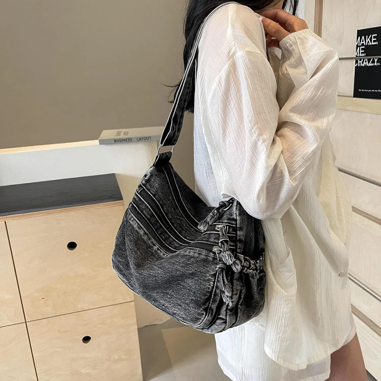 Large Denim Purses for Women Casual Denim Tote Bag Shoulder Bag Retro Lightweight Jean Purse Canvas Crossbody Bag