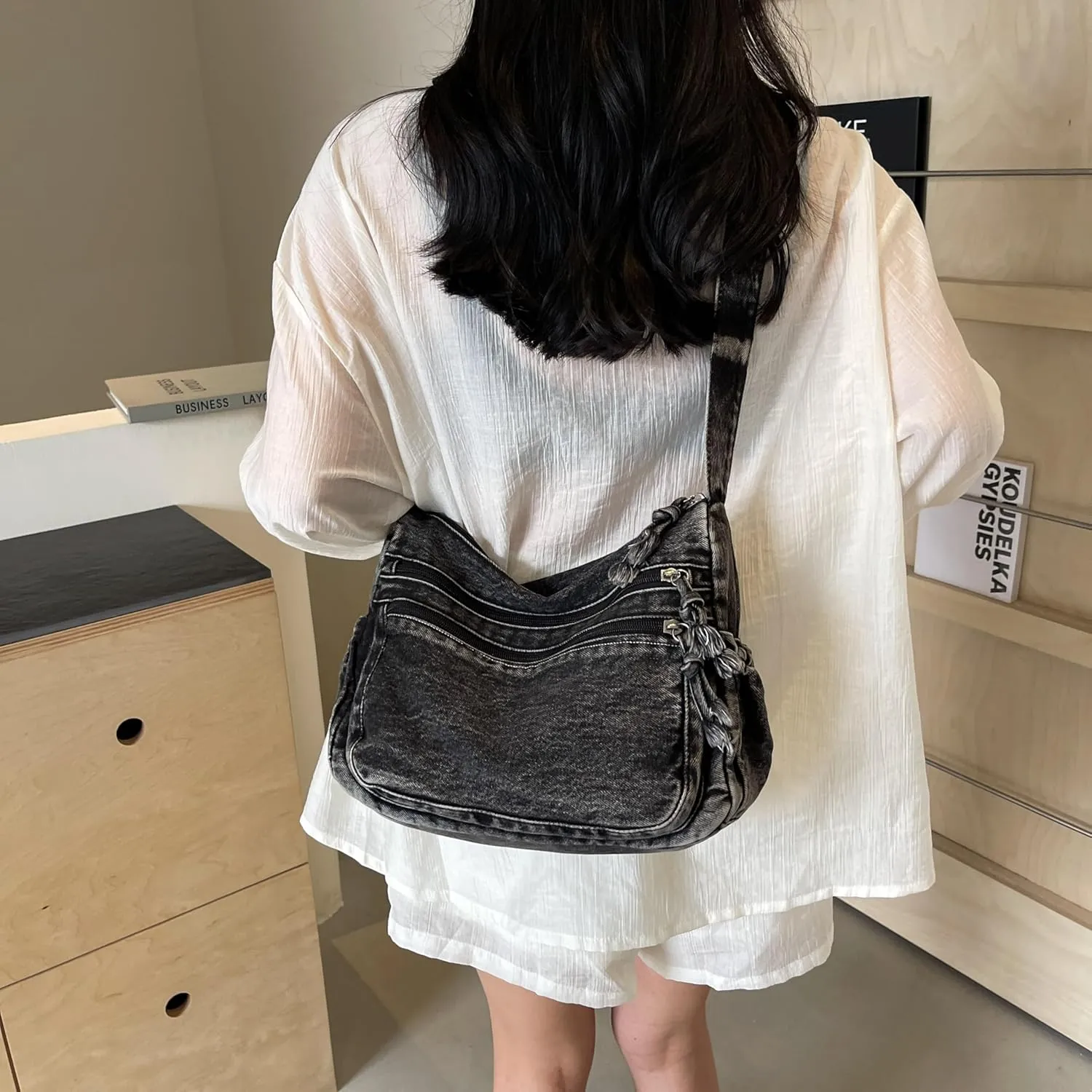 Large Denim Purses for Women Casual Denim Tote Bag Shoulder Bag Retro Lightweight Jean Purse Canvas Crossbody Bag