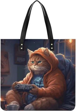 Large Grocery Bags Beach Tote Fat Cat Playing Games Bag for Women Shoulder Bag for Travel Work Handbag