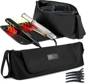 Large Hair Tools Travel Bag and Heat Resistant Mat – Hot Hair Tools Organizer for Flat Iron, Curling Iron, Hair Dryer – 2-in-1 Portable Case for Women Bag (19 x 6.5 in) Mat (11 x 15 in)
