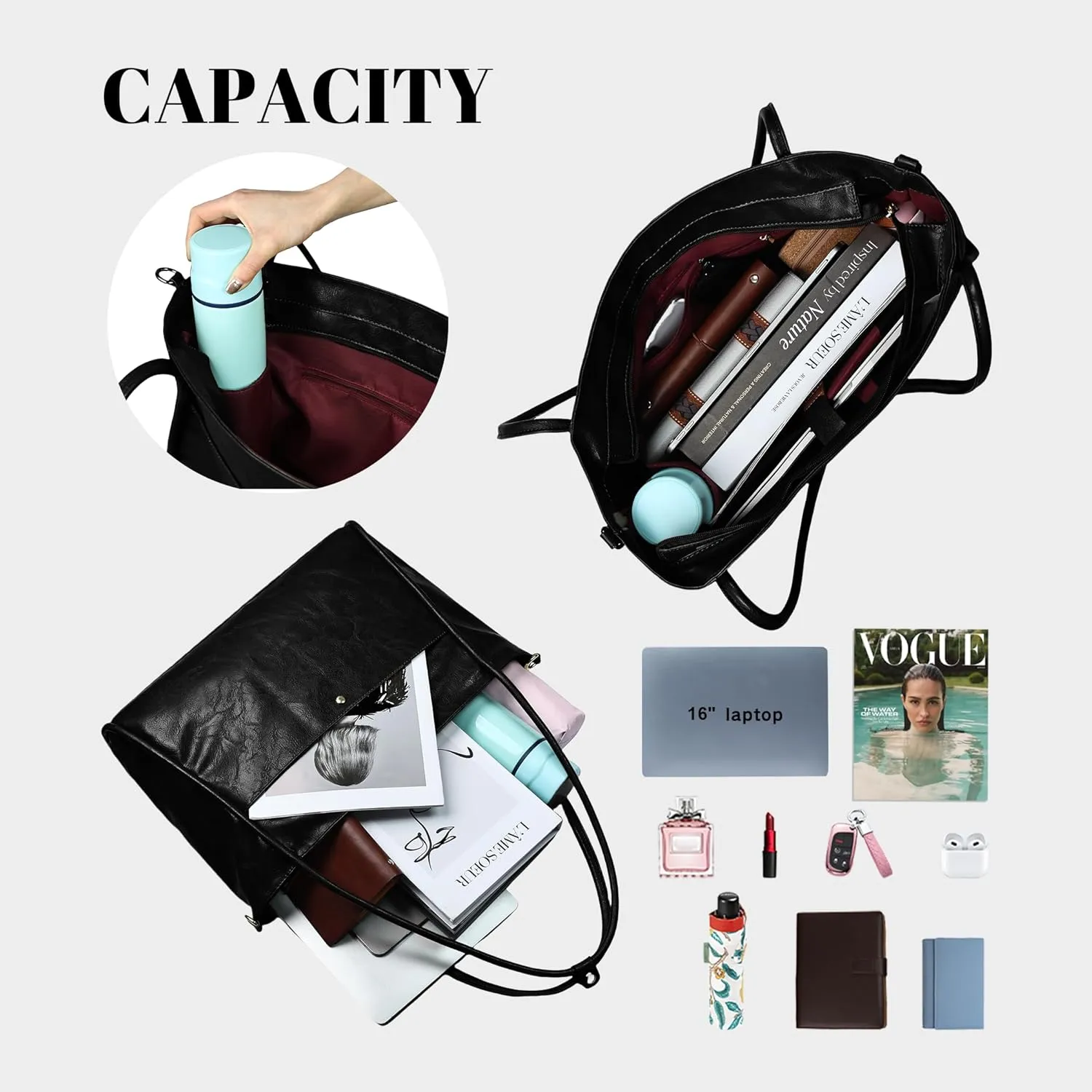 Large Tote Bag for Women Work with Zipper Vegan Leather Shoulder Bags Travel Hobo Bags for Women Weekender Bags
