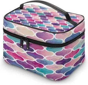 Large Women Wash Bag, Cosmetic Organizer Train Toiletry Storage Case Holder Zipper Makeup Bag Pouch 9.8x7.5x5.9 in Print Colorful Moroccan Tiles Watercolor Geometric Shapes