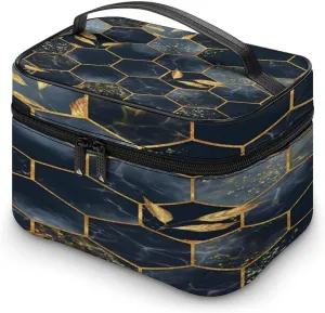 Large Women Wash Bag, Cosmetic Organizer Train Toiletry Storage Case Holder Zipper Makeup Bag Pouch 9.8x7.5x5.9 in Print Modern Marbling Gold Black Marble Geometric Rhombus with Gold Leaves