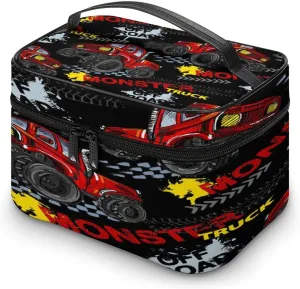 Large Women Wash Bag, Cosmetic Organizer Train Toiletry Storage Case Holder Zipper Makeup Bag Pouch 9.8x7.5x5.9 in Print Red Truck Car, Trace of Tire, Drive and Speed on Black