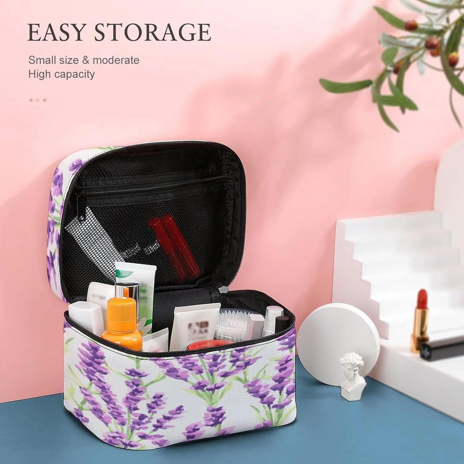 Large Women Wash Bag, Cosmetic Organizer Train Toiletry Storage Case Holder Zipper Makeup Bag Pouch 9.8x7.5x5.9 in Print Seamless Violet Purple Lavender Flowers with Green Leaves on White