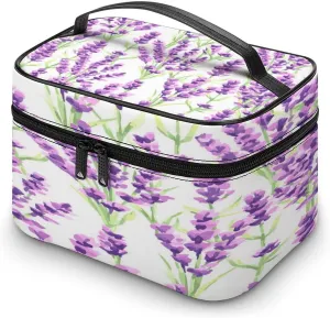 Large Women Wash Bag, Cosmetic Organizer Train Toiletry Storage Case Holder Zipper Makeup Bag Pouch 9.8x7.5x5.9 in Print Seamless Violet Purple Lavender Flowers with Green Leaves on White