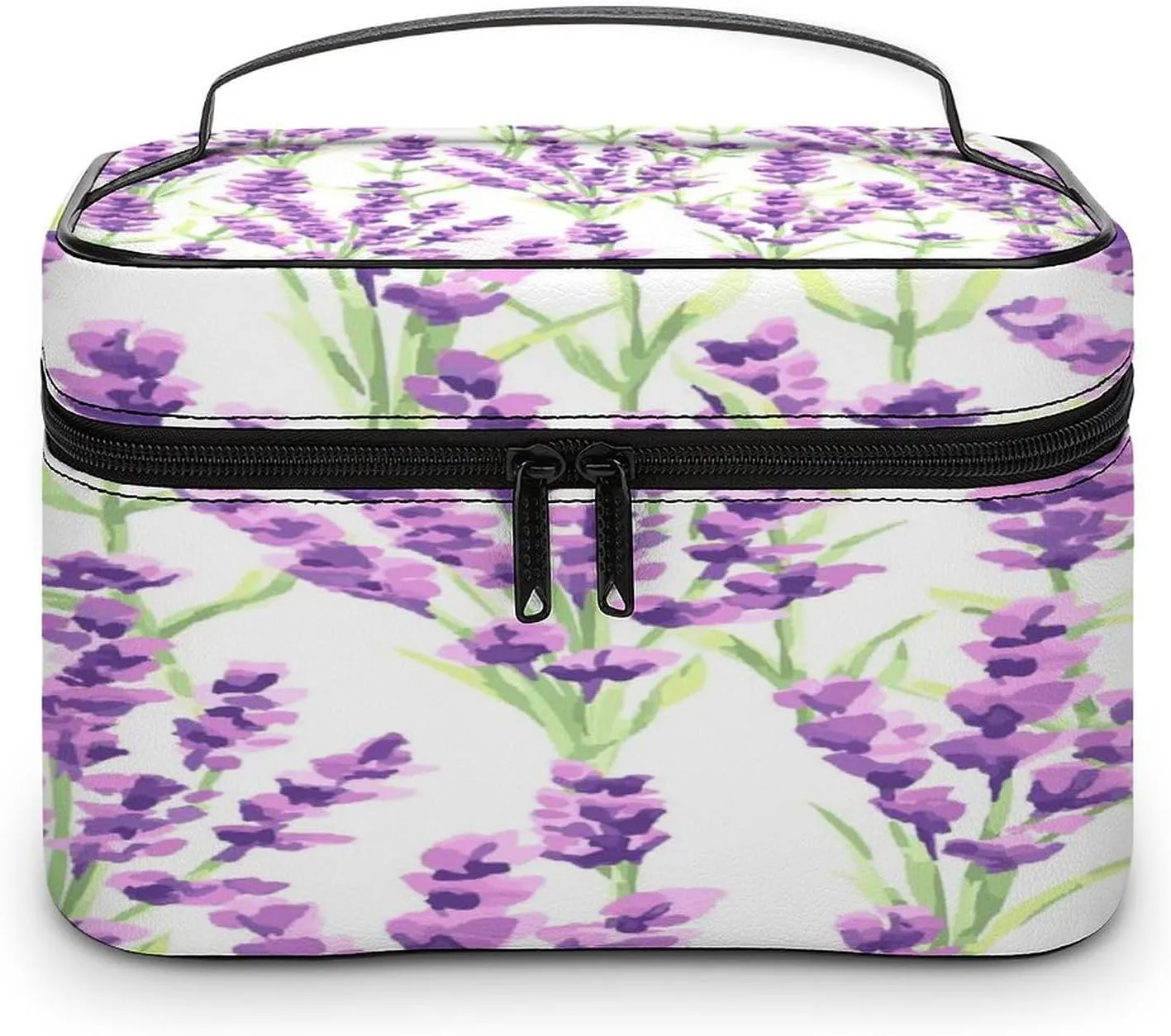 Large Women Wash Bag, Cosmetic Organizer Train Toiletry Storage Case Holder Zipper Makeup Bag Pouch 9.8x7.5x5.9 in Print Seamless Violet Purple Lavender Flowers with Green Leaves on White