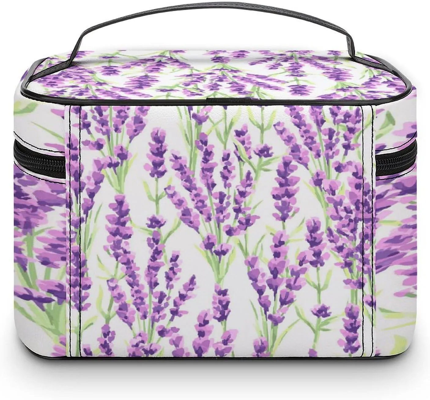 Large Women Wash Bag, Cosmetic Organizer Train Toiletry Storage Case Holder Zipper Makeup Bag Pouch 9.8x7.5x5.9 in Print Seamless Violet Purple Lavender Flowers with Green Leaves on White