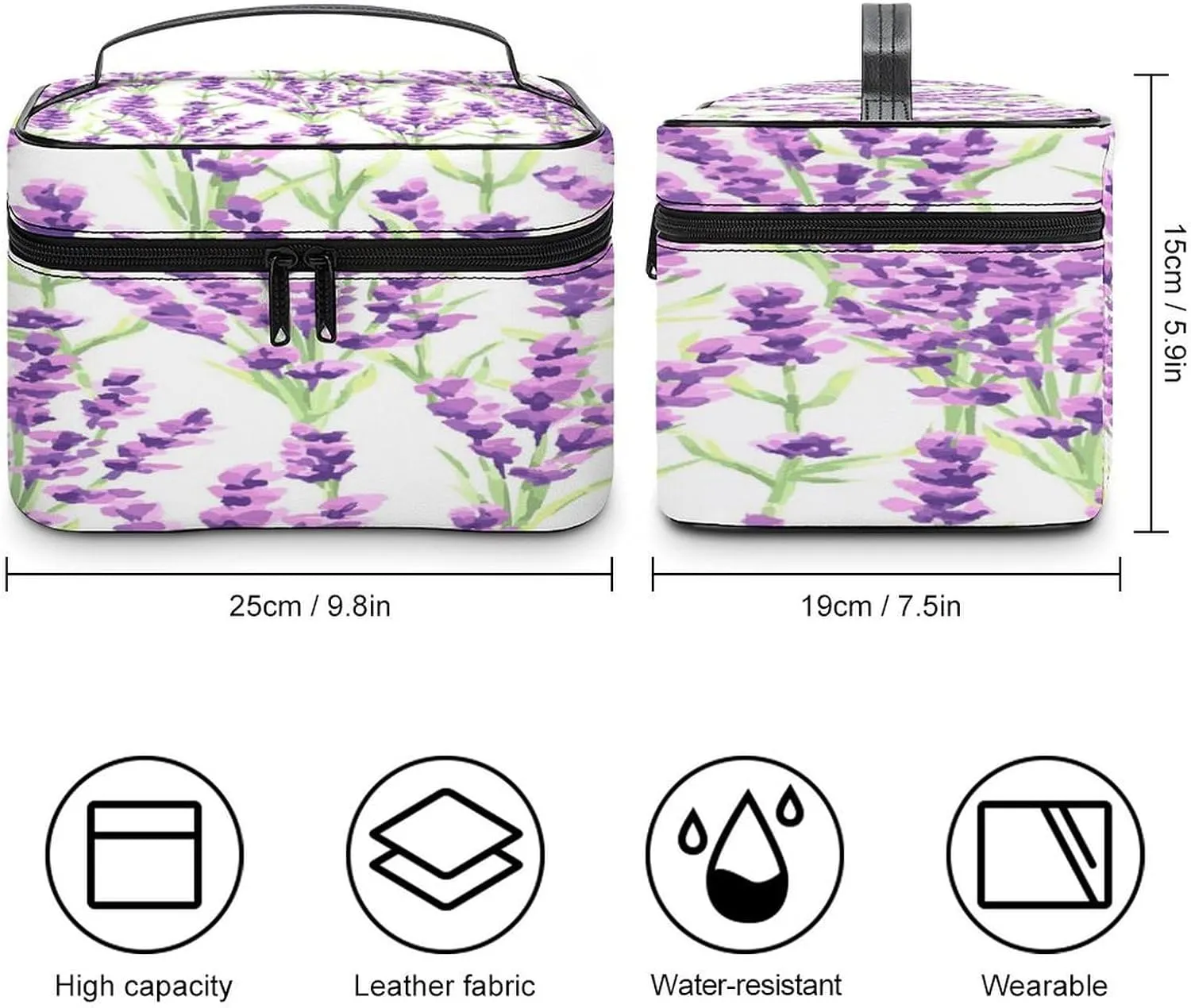 Large Women Wash Bag, Cosmetic Organizer Train Toiletry Storage Case Holder Zipper Makeup Bag Pouch 9.8x7.5x5.9 in Print Seamless Violet Purple Lavender Flowers with Green Leaves on White