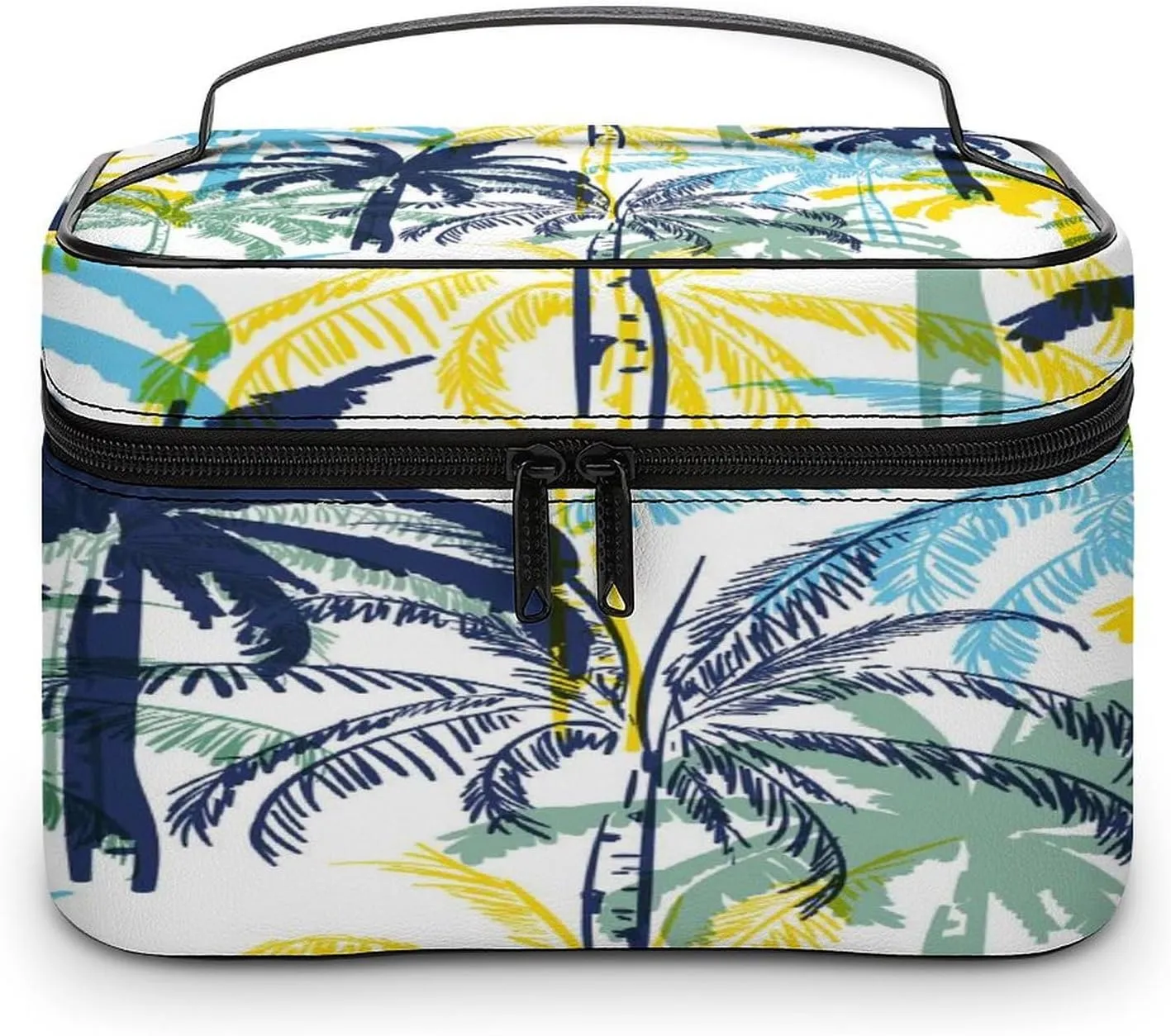 Large Women Wash Bag, Cosmetic Organizer Train Toiletry Storage Case Holder Zipper Makeup Bag Pouch 9.8x7.5x5.9 in Print Yellow Blue Palm Tree Leaves Seamless On White