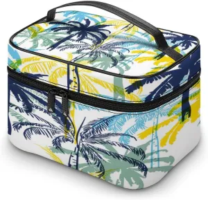 Large Women Wash Bag, Cosmetic Organizer Train Toiletry Storage Case Holder Zipper Makeup Bag Pouch 9.8x7.5x5.9 in Print Yellow Blue Palm Tree Leaves Seamless On White