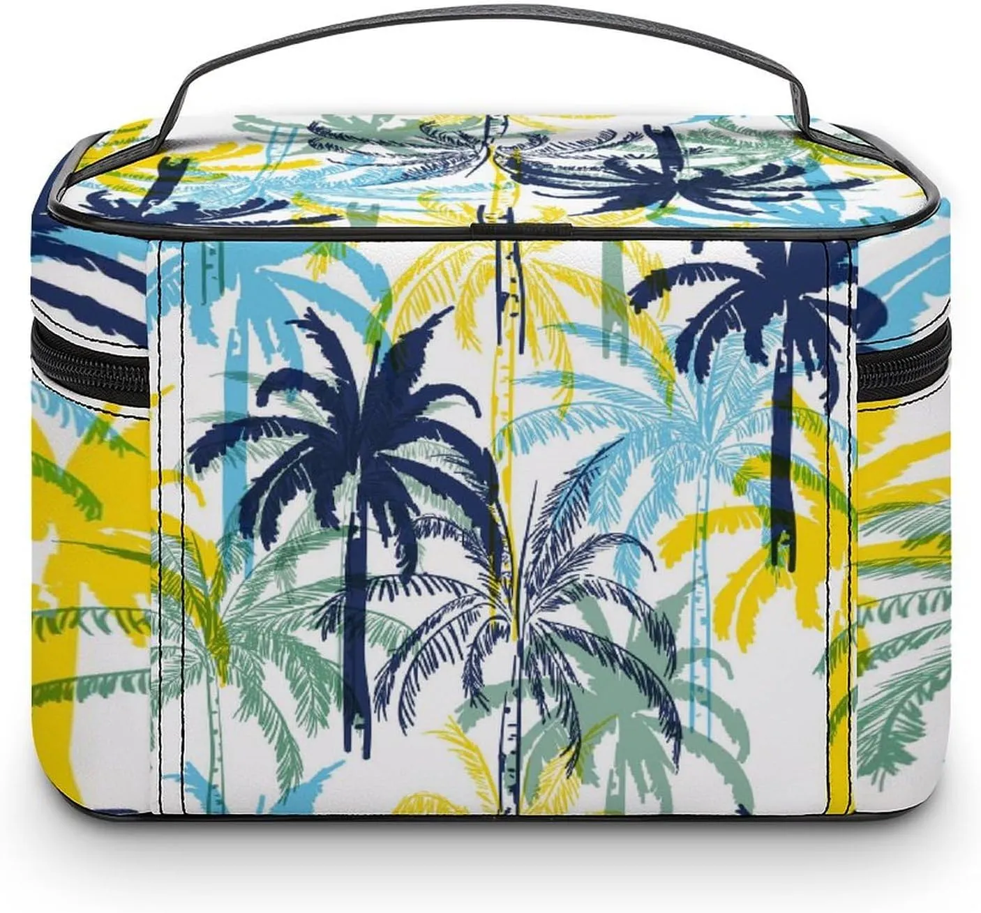 Large Women Wash Bag, Cosmetic Organizer Train Toiletry Storage Case Holder Zipper Makeup Bag Pouch 9.8x7.5x5.9 in Print Yellow Blue Palm Tree Leaves Seamless On White