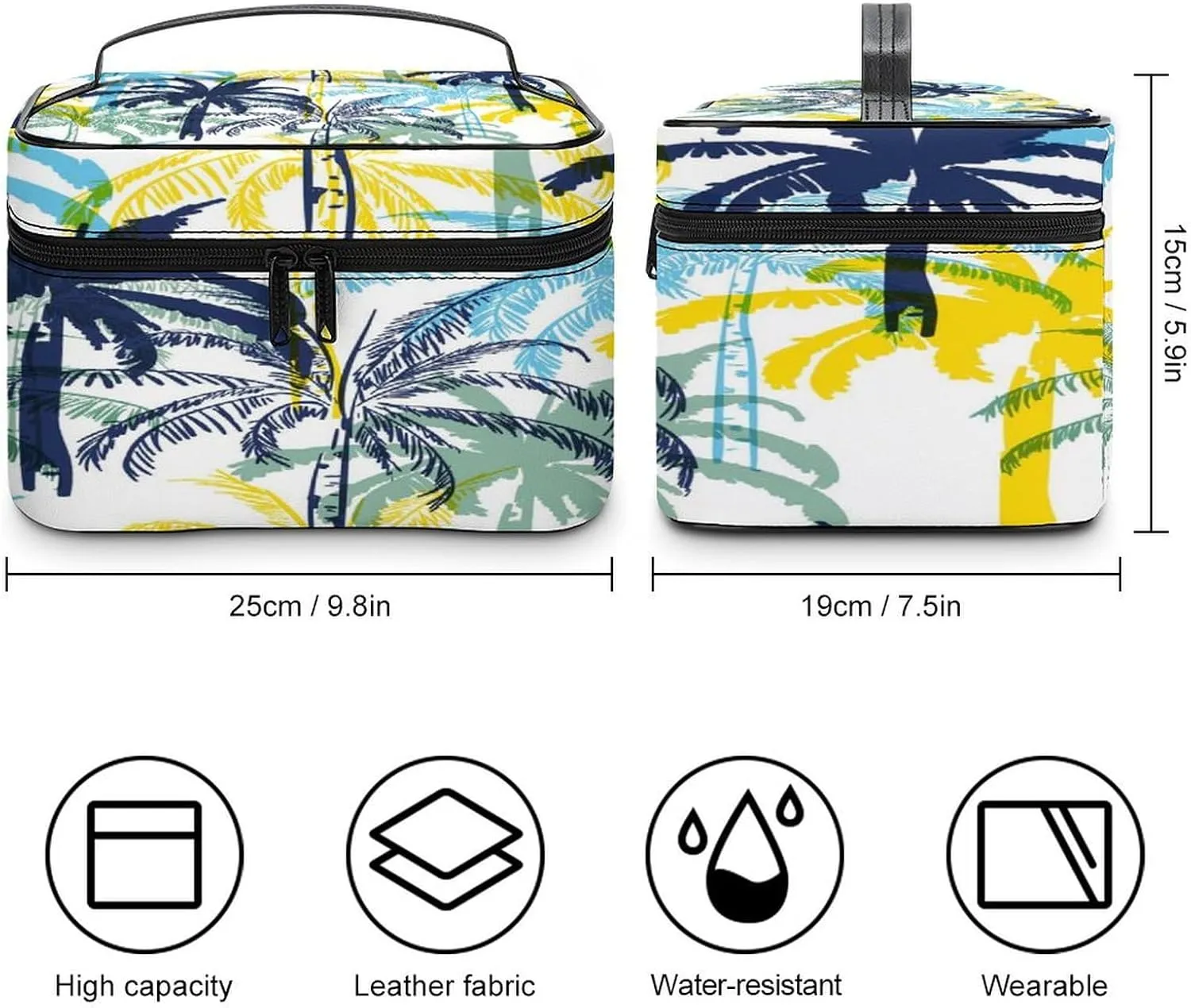 Large Women Wash Bag, Cosmetic Organizer Train Toiletry Storage Case Holder Zipper Makeup Bag Pouch 9.8x7.5x5.9 in Print Yellow Blue Palm Tree Leaves Seamless On White