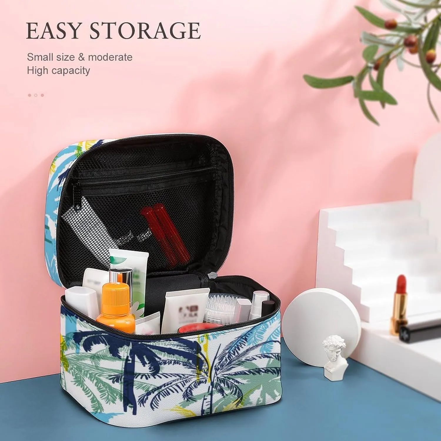 Large Women Wash Bag, Cosmetic Organizer Train Toiletry Storage Case Holder Zipper Makeup Bag Pouch 9.8x7.5x5.9 in Print Yellow Blue Palm Tree Leaves Seamless On White