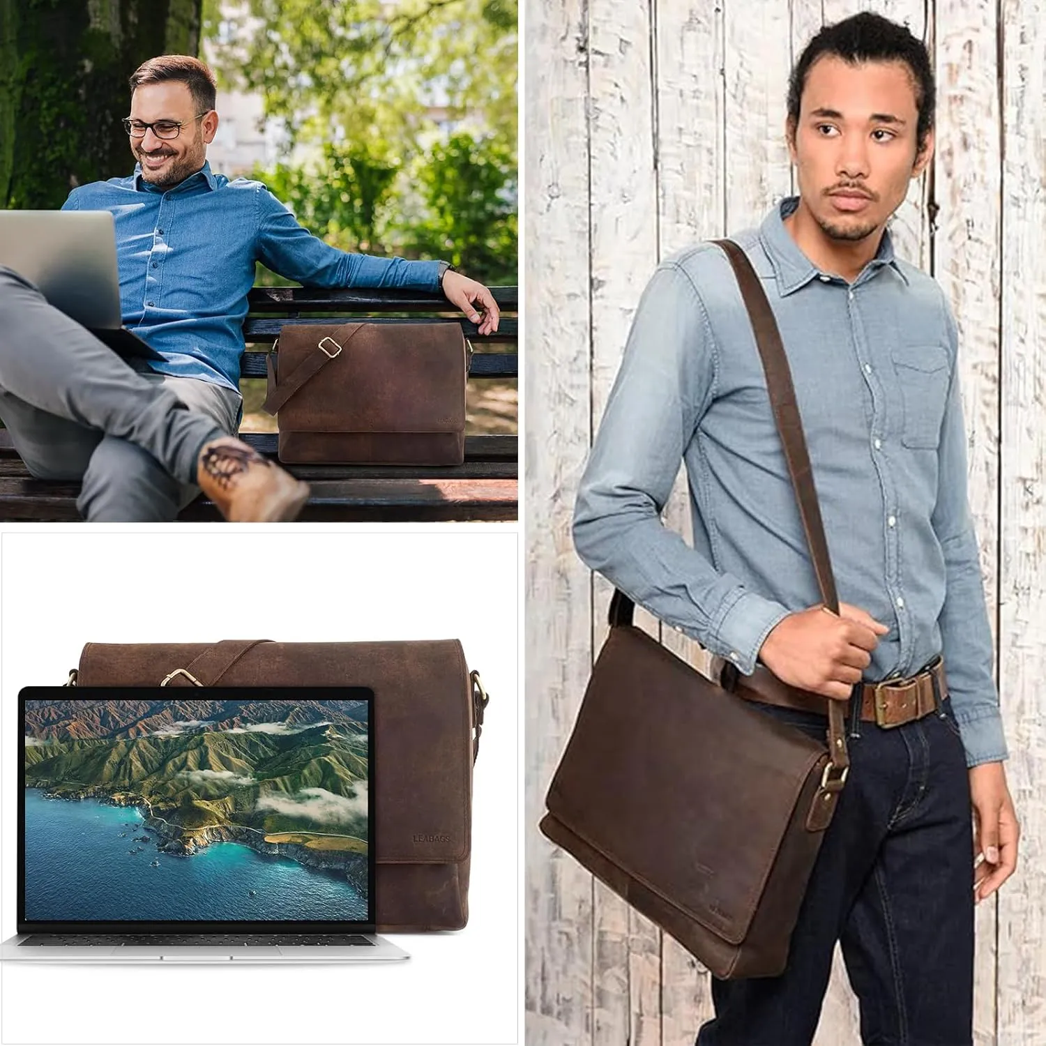 LEABAGS Leather Shoulder Bag for Men and Women | Laptop Bag up to 15" | Messenger Bag | Shoulder Bag | Work Bag | Handbag