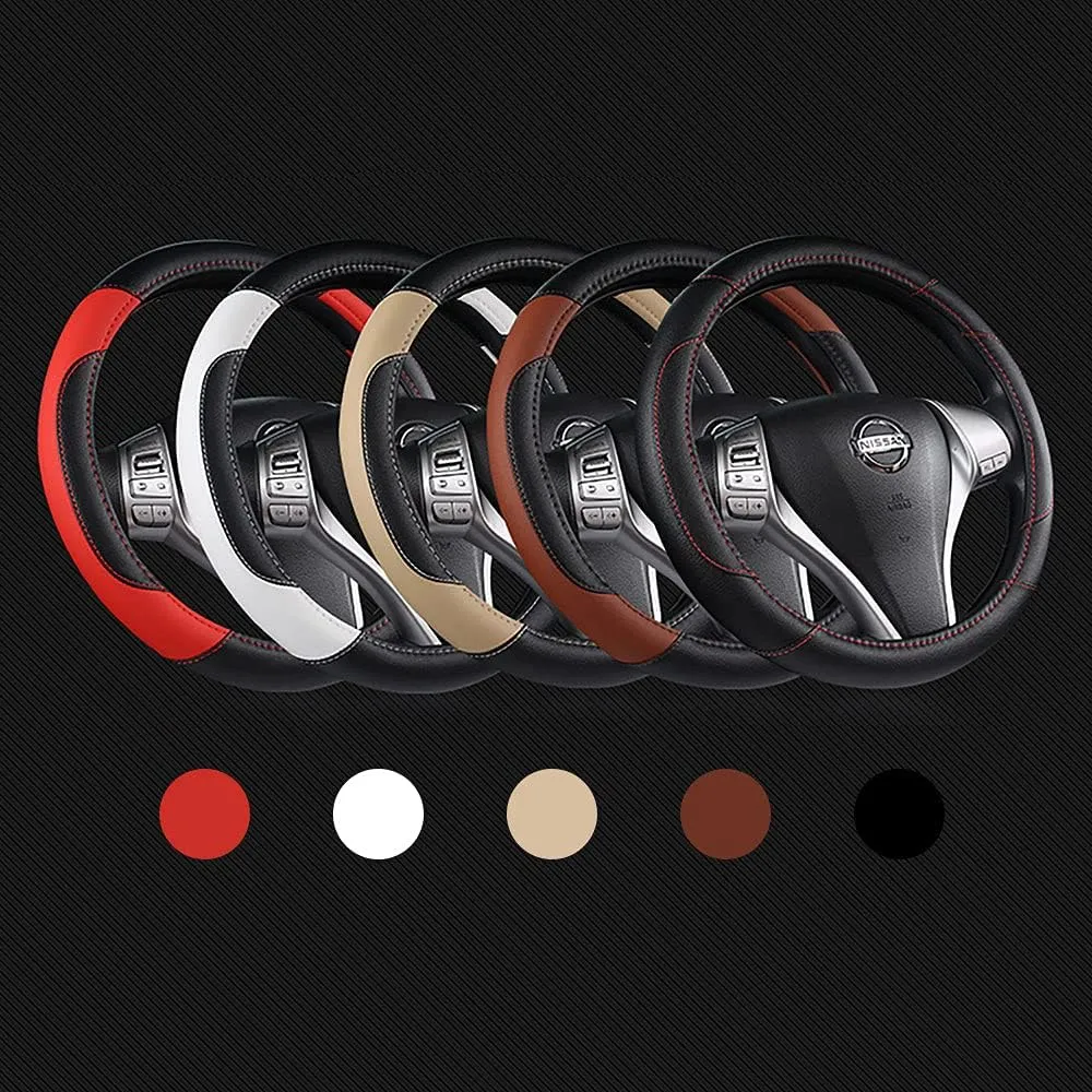 Leather Car Steering Wheel Cover, Non-Slip Car Wheel Cover Protector Breathable Microfiber Leather Universal Fit for Most Cars(Beige)