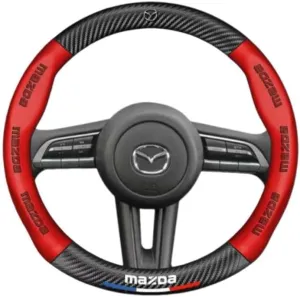 Leather Car Steering Wheel Cover with Logo for Mazda Biante 2008-2018, Steering Wheel Protector Pad with Anti-Slip Lining Breathable Soft Interior Accessories,Red-O