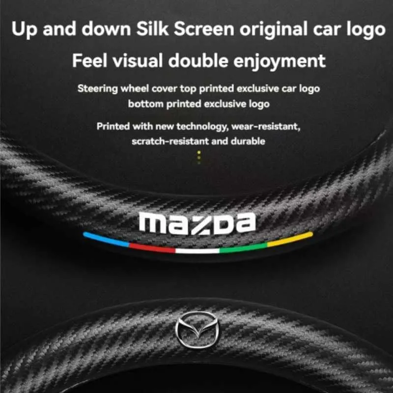 Leather Car Steering Wheel Cover with Logo for Mazda Biante 2008-2018, Steering Wheel Protector Pad with Anti-Slip Lining Breathable Soft Interior Accessories,Red-O