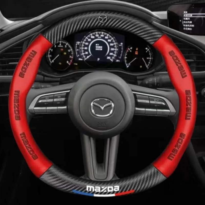 Leather Car Steering Wheel Cover with Logo for Mazda Biante 2008-2018, Steering Wheel Protector Pad with Anti-Slip Lining Breathable Soft Interior Accessories,Red-O