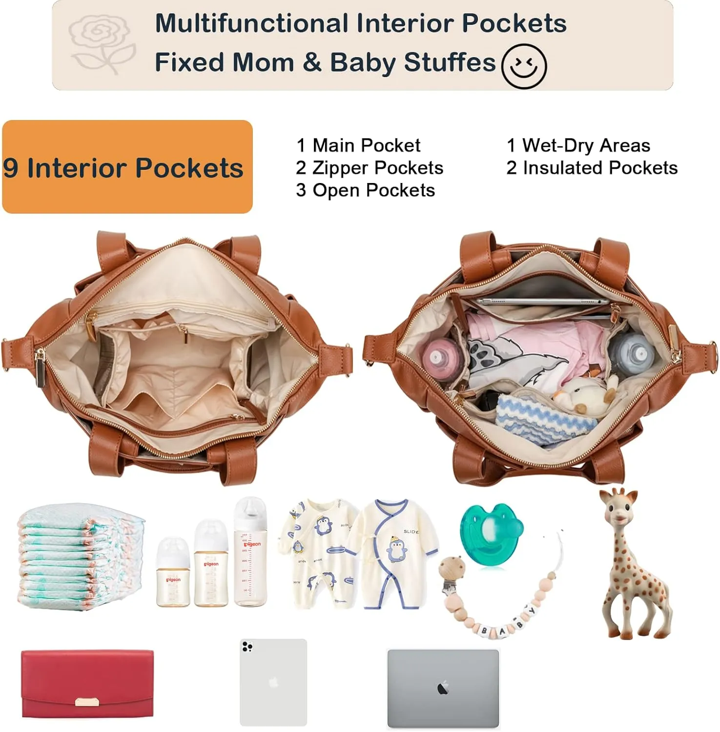 Leather Diaper Bag Backpack, Diaper Bag Tote Travel Tote Bags with Large Capacity and Multiple Pockets