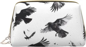 Leather Makeup Bag, Monochrome Flying Ravens Cosmetic Bags Travel Toiletry Bag for Women, Make up Bag, Large Capacity Makeup Bag Organizer, Cute Makeup Pouch Makeup Case