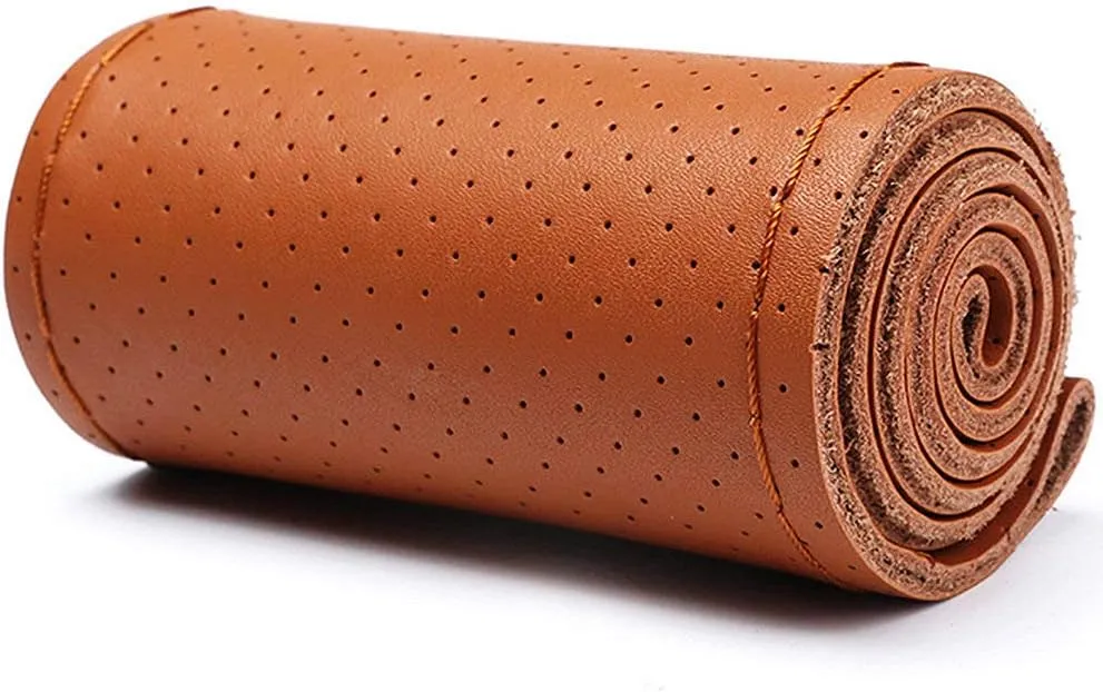 Leather Steering Wheel Cover, Genuine Leather Steering Wheel Cover Lace Up, Breathable, Anti-Slip, Stitch on Wrap with Needle Thread Hand Sewing 15 Inch,Orange
