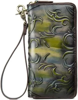 Leather Wallet Women's Wallet Large Capacity Long Purse Clutch Natural Pattern Vintage Coin Pocket Ladies Birthday Large Capacity (Green,10x19cm)