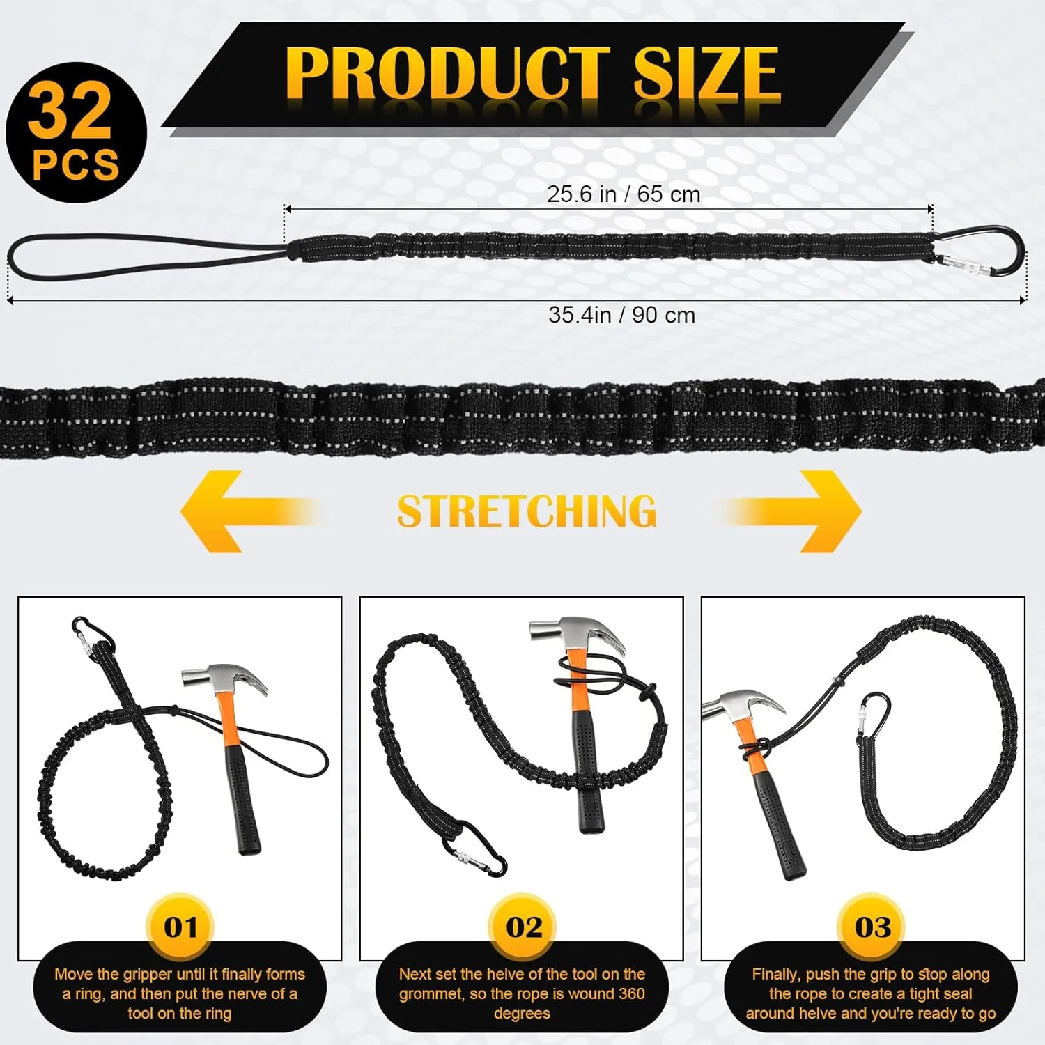 LEIFIDE 32 Pcs Tool Lanyard Standard Length Safety Tool Leash 17.6lb 8kg Tough Adjustable Fall Protection Tether with Aluminum Screw Lock Buckle, Shock Cord Stopper and Retractable Loop End, Black
