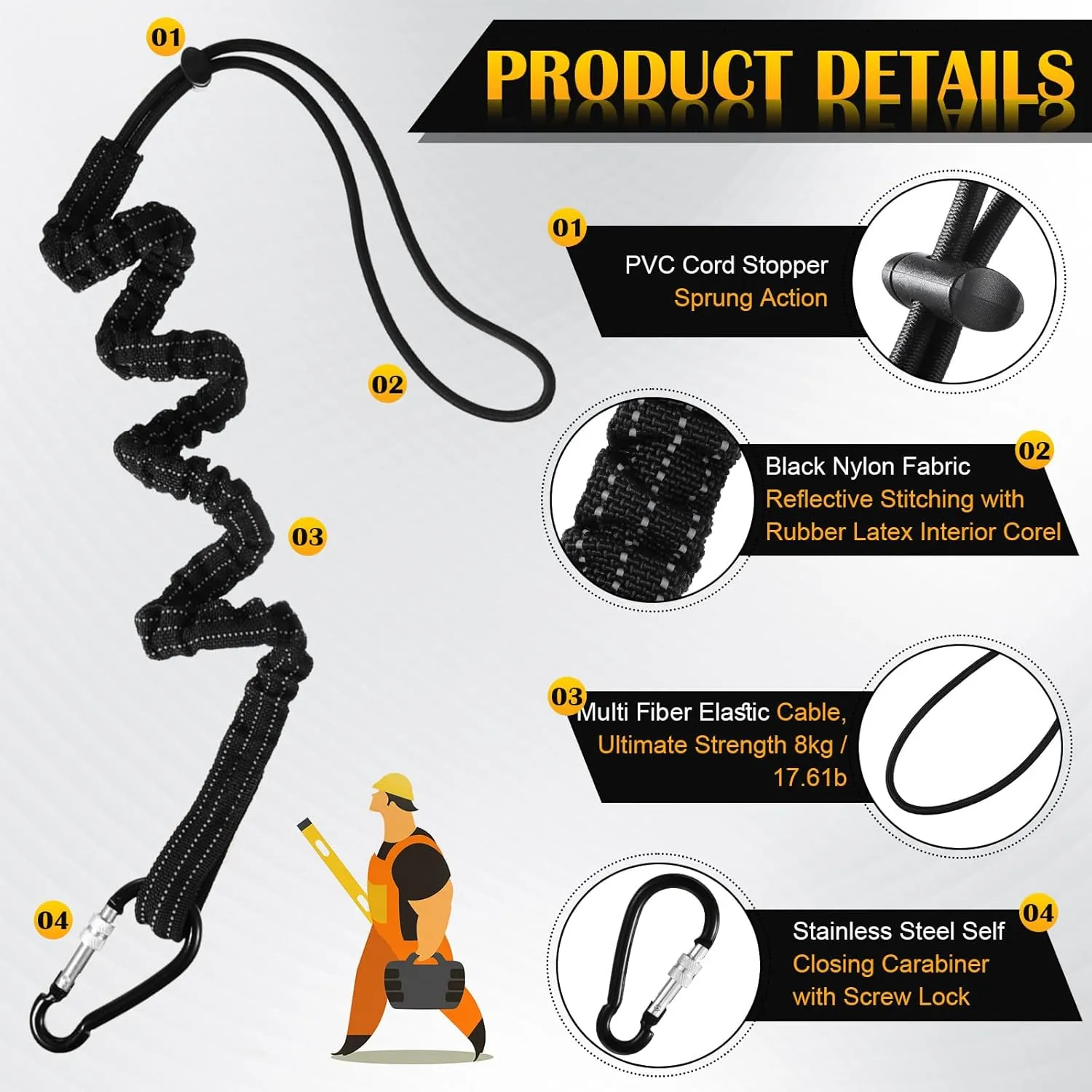 LEIFIDE 32 Pcs Tool Lanyard Standard Length Safety Tool Leash 17.6lb 8kg Tough Adjustable Fall Protection Tether with Aluminum Screw Lock Buckle, Shock Cord Stopper and Retractable Loop End, Black