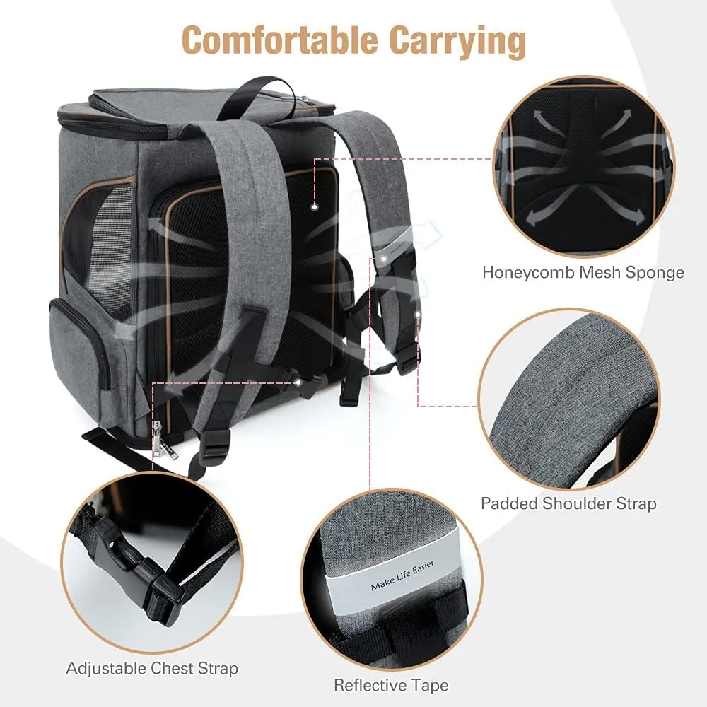 Lekereise Cat Backpack Expandable Pet Carrier Backpack for Small Cats and Dogs, Airline-Approved Foldable Dog Carrier Backpack with Inner Safety Leash, Grey