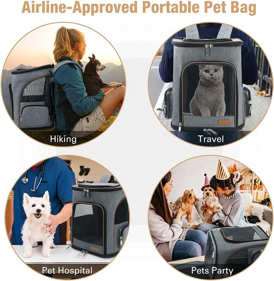 Lekereise Cat Backpack Expandable Pet Carrier Backpack for Small Cats and Dogs, Airline-Approved Foldable Dog Carrier Backpack with Inner Safety Leash, Grey