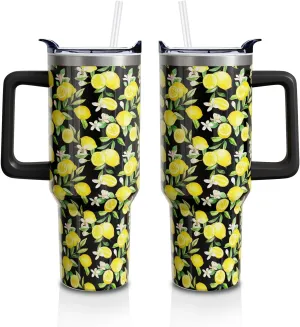 Lemon Gifts 40 Oz Tumbler with Handle and Lid Straw, Yellow Lemon flower Stainless Steel Double Walled Vacuum Insulated Cup Mug, Fruit Lover Birthday Gifts for Women Girls (1 PC)