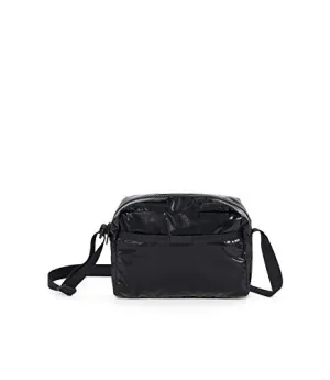 LeSportsac Noir Liquid Patent Daniella Crossbody Bag, Style 2434/Color F587, Anniversary Collection, LeSportsac 1974' on Strap, Sleek Black Matte Specialty Patent