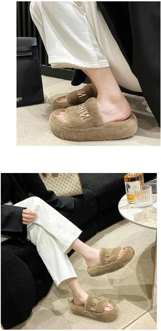 Letter Button Artificial Lamb Wool Flip-Flops Winter Spring Women'S Advanced Fluffy Non-Slip Slippers Indoor Outdoor