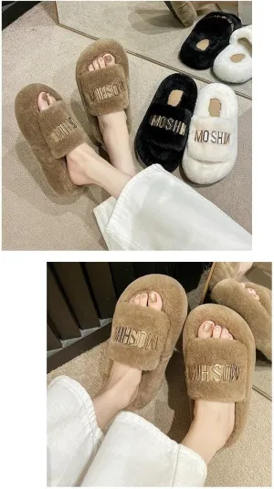 Letter Button Artificial Lamb Wool Flip-Flops Winter Spring Women'S Advanced Fluffy Non-Slip Slippers Indoor Outdoor