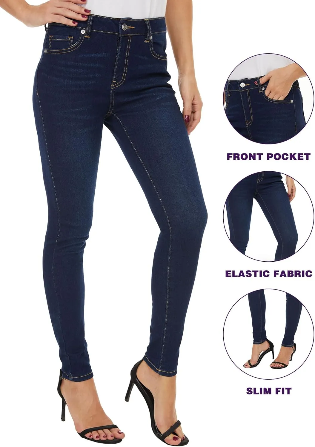 LICTZNEE Womens Skinny Jeans Mid Rise, Stretch Denim Jean Slim Fit Leg Elastic Waist Pants with Pockets
