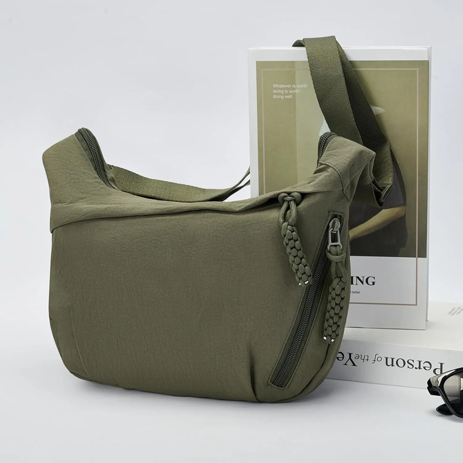 Lightweight Nylon Crossbody Bag for Women & Men - Multi-Pocket Moon Dumpling Sling Bag