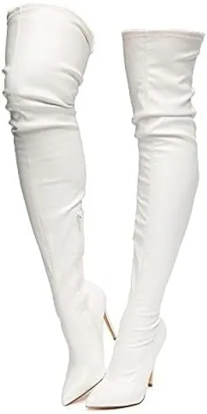 Liliana Women Faux Leather Pointy Toe Thigh High Single Sole Stiletto Boot