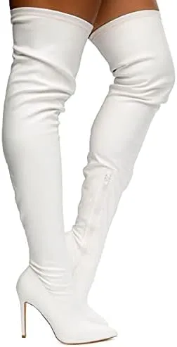 Liliana Women Faux Leather Pointy Toe Thigh High Single Sole Stiletto Boot