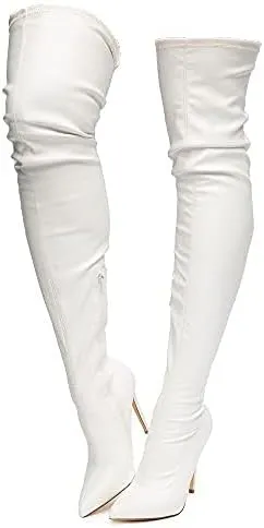 Liliana Women Faux Leather Pointy Toe Thigh High Single Sole Stiletto Boot